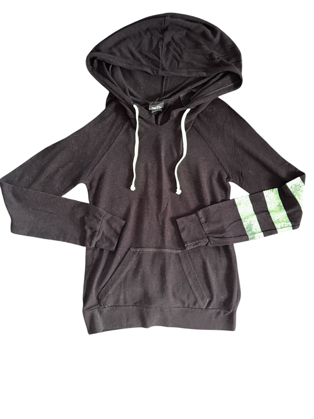 Rue21 Black Hoodie with Green Sleeve Stripes